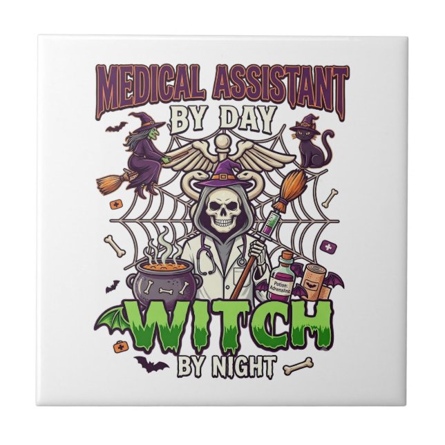 Medical Assistant Witch Skeleton Syringe Cauldron  Ceramic Tile (Front)