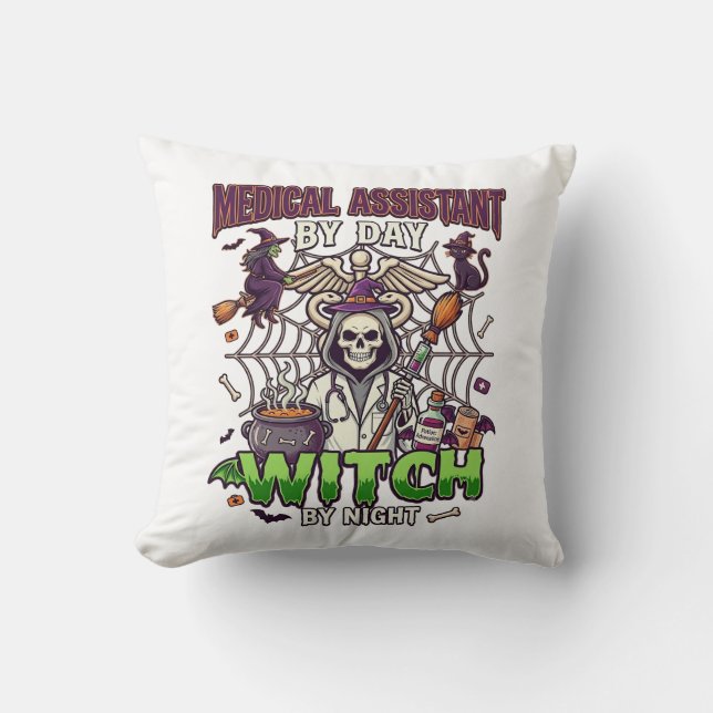 Medical Assistant Witch Skeleton Syringe Cauldron  Cushion (Front)