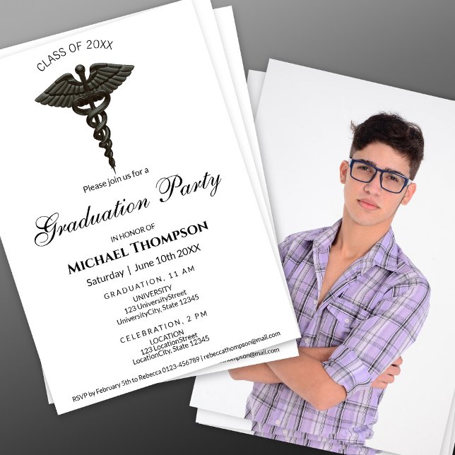 Medical Black Caduceus Noble Graduation | Photo Invitation (Creator Uploaded)