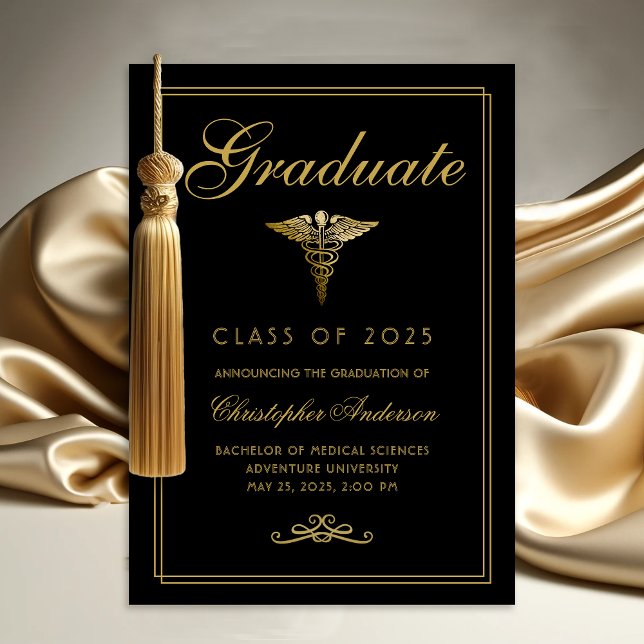 Medical Black Gold Caduceus College Graduation Announcement (Medical Black Gold Caduceus College Graduation Announcement)
