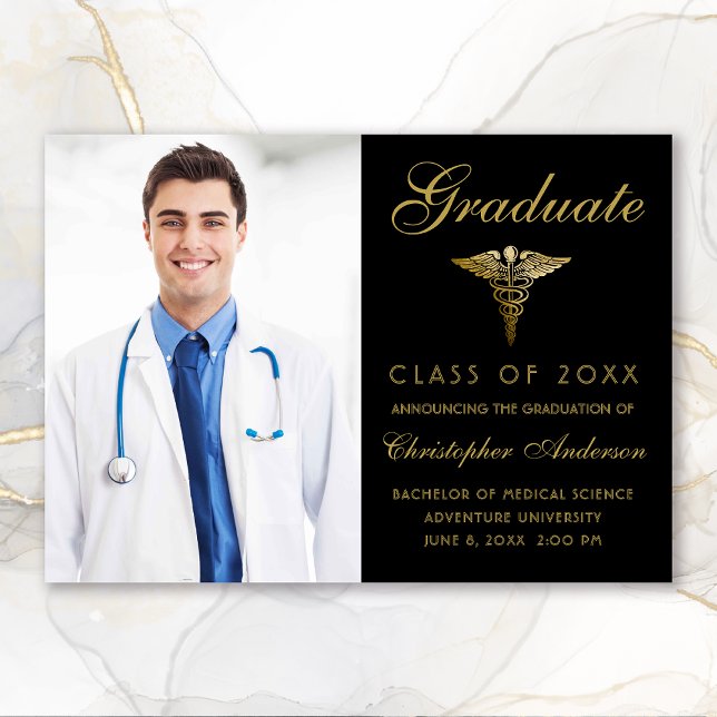 Medical Black Gold Caduceus Photo Graduation Announcement (Medical Black Gold Caduceus Photo Graduation Announcement)