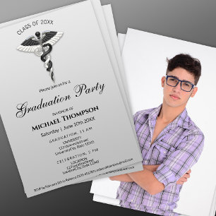 Medical Black White Caduceus Graduation Photo Invitation