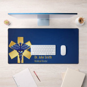 Medical Blue 3D Caduceus Gold Cross Desk Mat