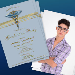 Medical Blue Caduceus Gold Stripe Graduation Photo Invitation