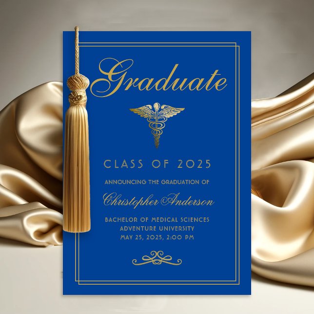 Medical Blue Gold Caduceus College Graduation Announcement (Medical Royal Blue Gold Caduceus College Graduation Announcement)