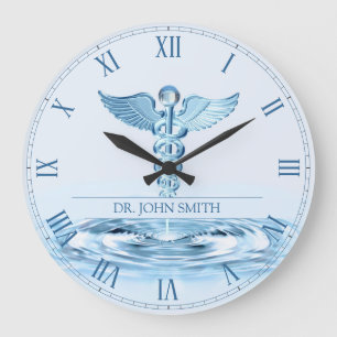 Medical Blue Hermes Rod Caduceus Water Ripples Large Clock