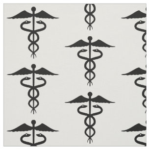 Medical Caduceus Black and White Cotton Fabric