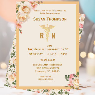 Medical Caduceus Floral Grad Party Invitation