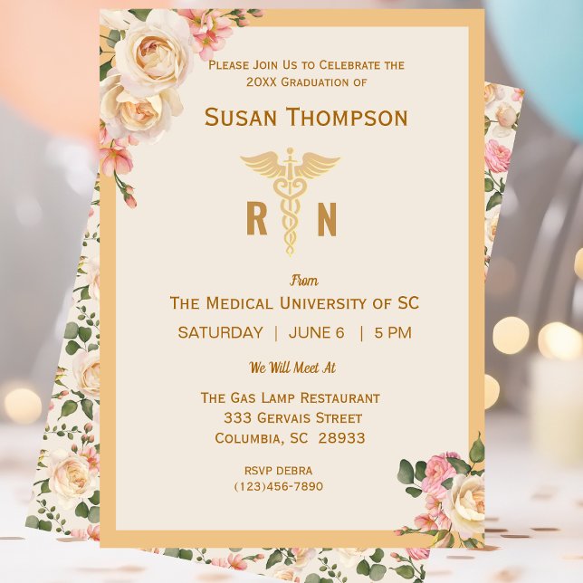 Medical  Caduceus Floral Grad Party Invitation (Creator Uploaded)