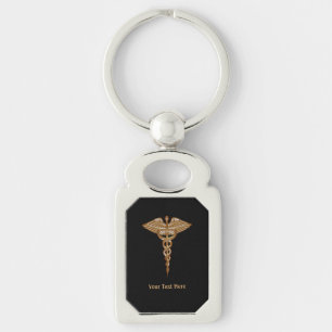 Medical Caduceus Gold Black Metal Key Ring