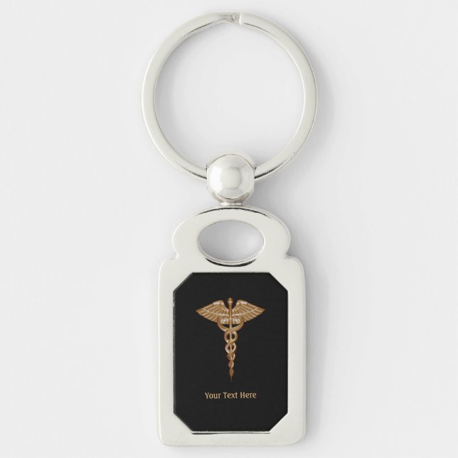 Medical Caduceus Gold Black Metal Key Ring (Front)