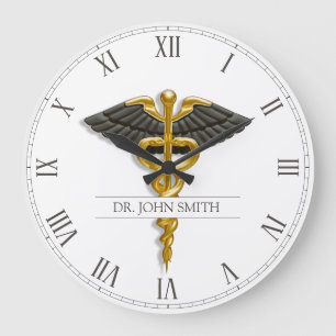 Medical Caduceus Gold Black Wings Elegant Classy Large Clock