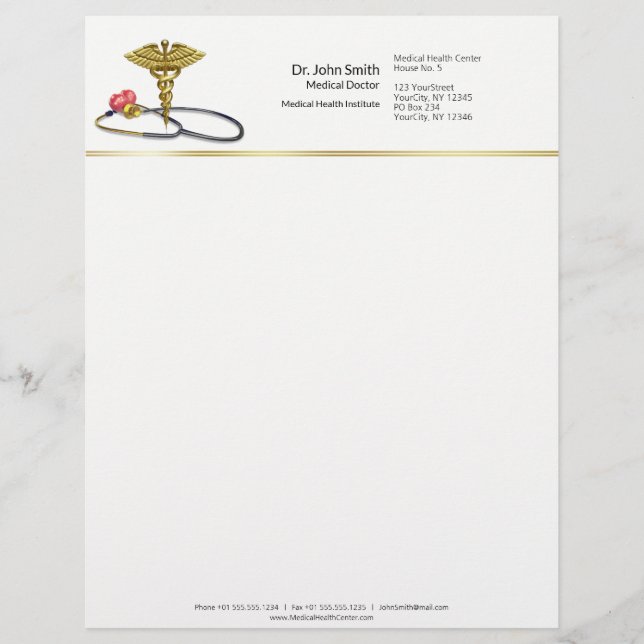 Medical Caduceus Gold & Stethoscope with Heart Custom Letterhead (Front)