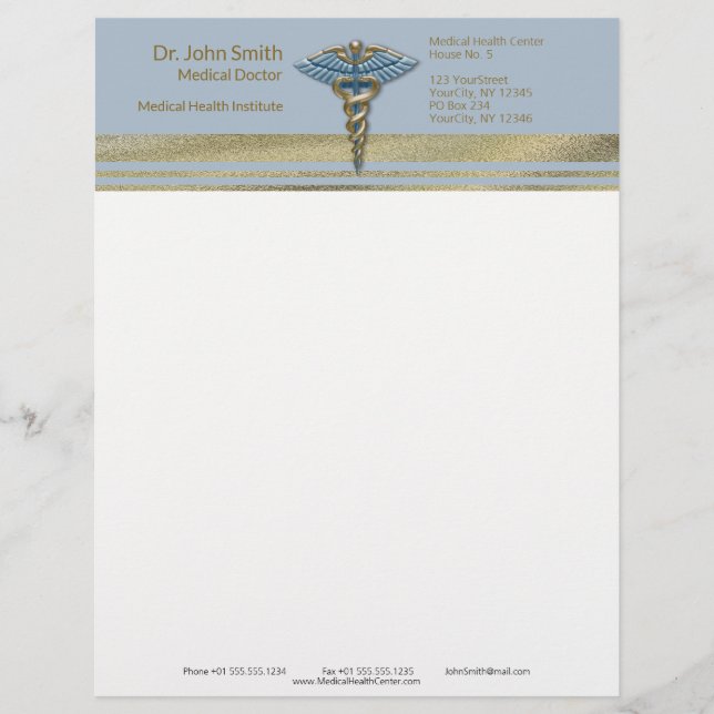 Medical Caduceus Light Blue Faux Gold Foil Stripes Custom Letterhead (Front)