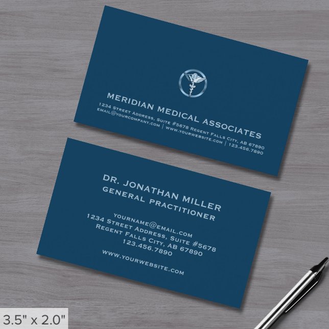 Medical Caduceus Logo Professional Blue Business Card (Creator Uploaded)