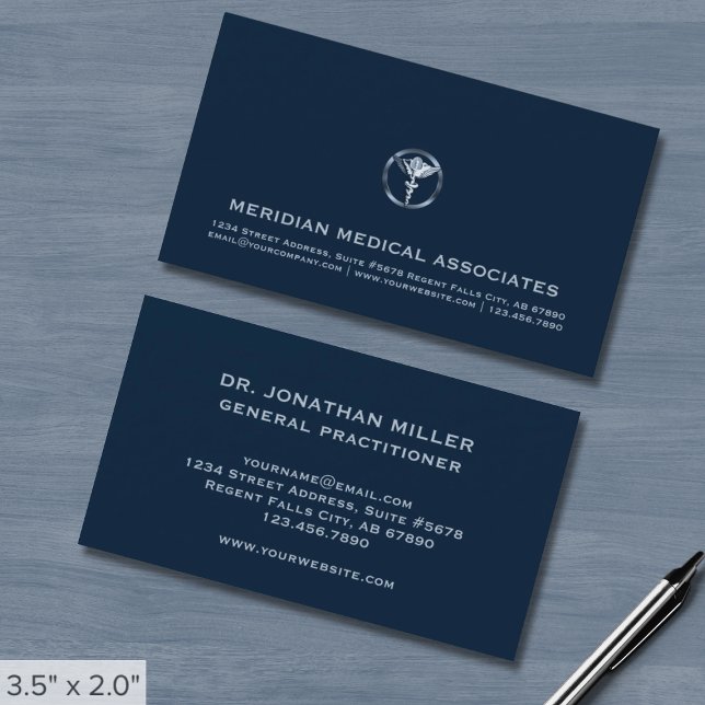 Medical Caduceus Logo Professional Blue Business Card (Creator Uploaded)