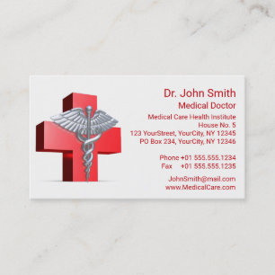 Medical Caduceus Silver 3D Cross Red Business Card