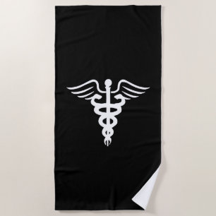 Medical Caduceus Symbol Black Gold Beach Towel