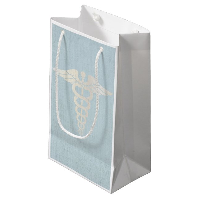 Medical Caduceus Symbol Classy Blue Linen Small Gift Bag (Front Angled)