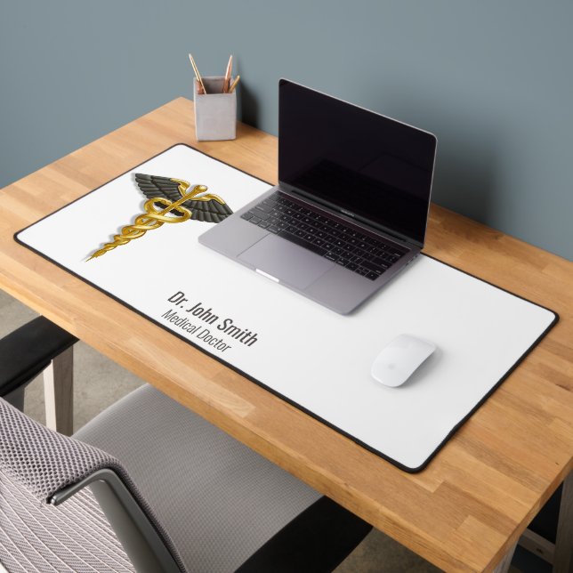 Medical Classy Elegant Gold Caduceus Black Wings Desk Mat (Office 2)