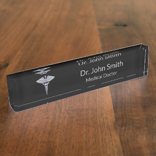 Medical Classy Silver Caduceus on Black Nameplate