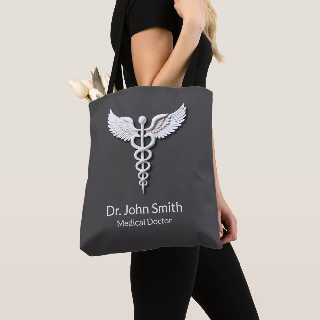 Medical Clean White Detailed Caduceus Warm Grey Tote Bag (Close Up)