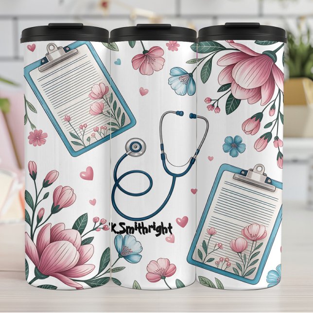 Medical Clipboard Stethoscope Floral Pattern Thermal Tumbler (Creator Uploaded)