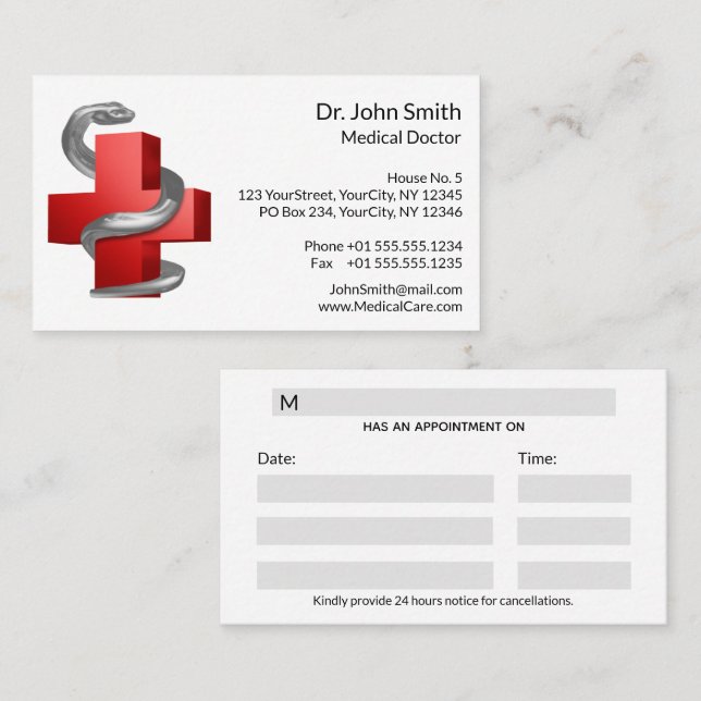 Medical Cross Red Symbol Silver Serpent Snake Appointment Card (Front/Back)