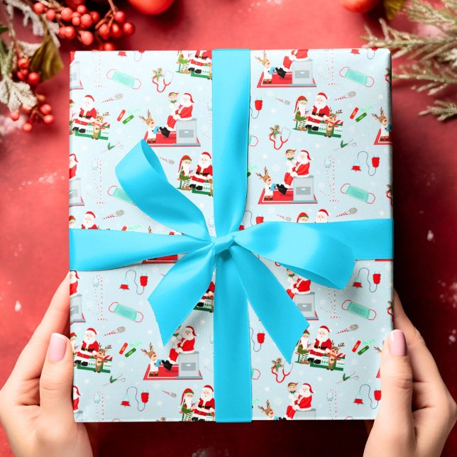 Medical Doctor Christmas with Santa Light Blue Wrapping Paper (Creator Uploaded)