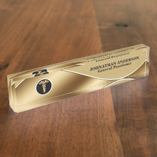 Medical doctor healthcare faux gold caduceus nameplate