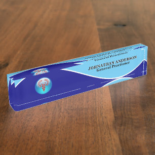 Medical doctor healthcare red caduceus navy white nameplate