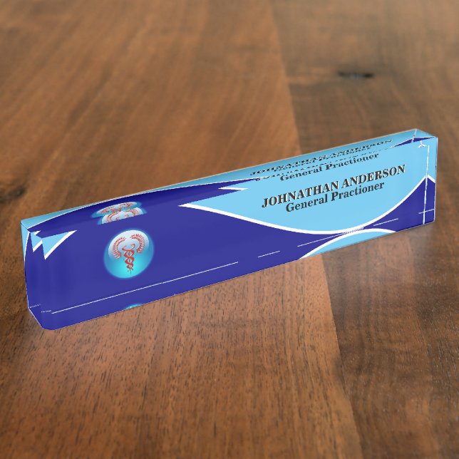 Medical doctor healthcare red caduceus navy white nameplate (Side)