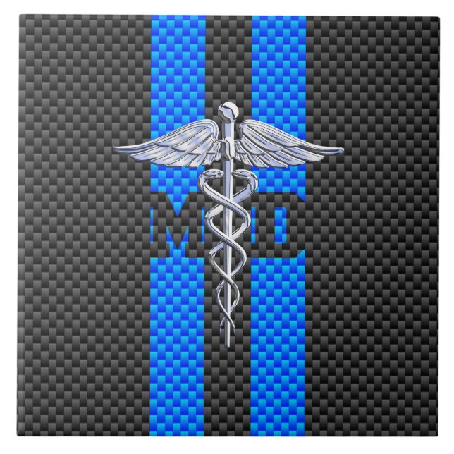 Medical Doctor MD Caduceus Carbon Fibre Stripes Ceramic Tile (Front)