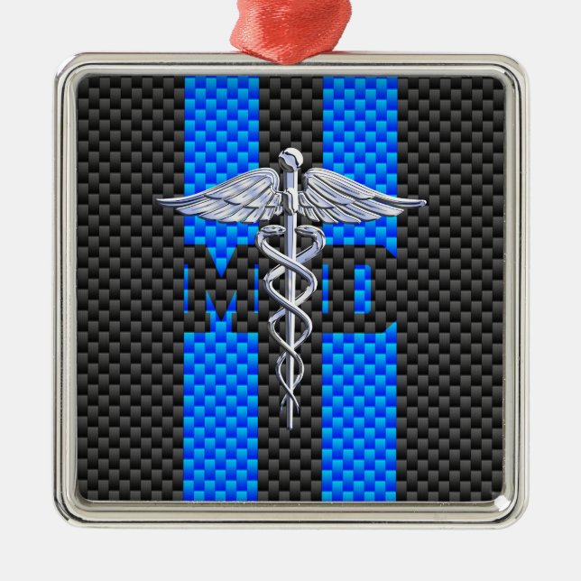 Medical Doctor MD Caduceus Carbon Fibre Stripes Metal Ornament (Front)