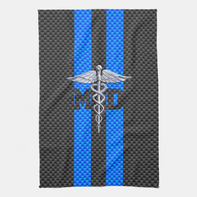 Medical Doctor MD Caduceus Carbon Fibre Stripes Tea Towel (Vertical)