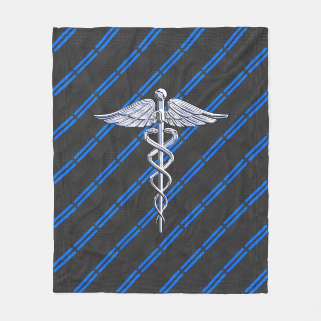 Medical Doctor MD Caduceus on Blue Stripes Fleece Blanket (Front)