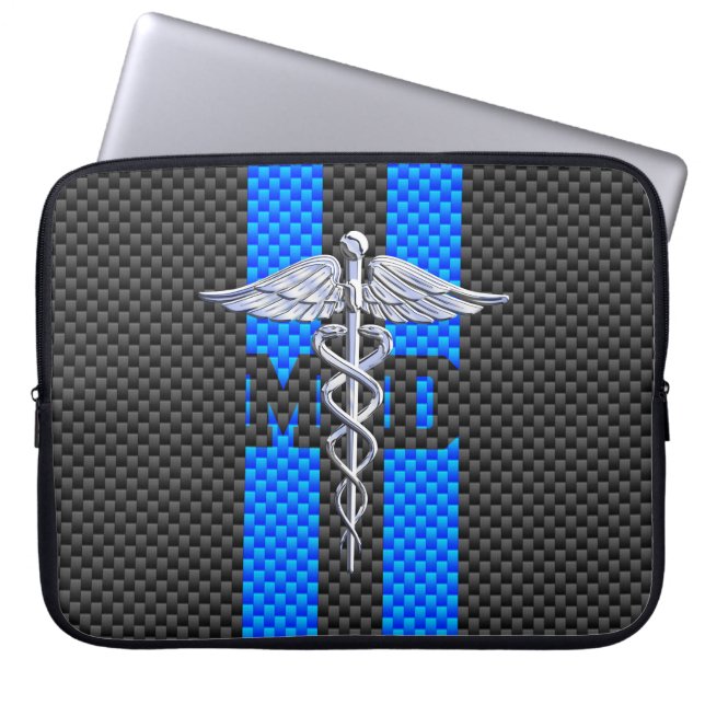 Medical Doctor MD Caduceus on Blue Stripes Laptop Sleeve (Front)