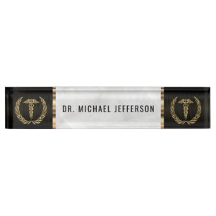 Medical Doctor / Staff  Black, White Marble & Gold Nameplate