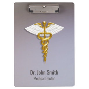 Medical Elegant Gold Caduceus White Wings Clipboard