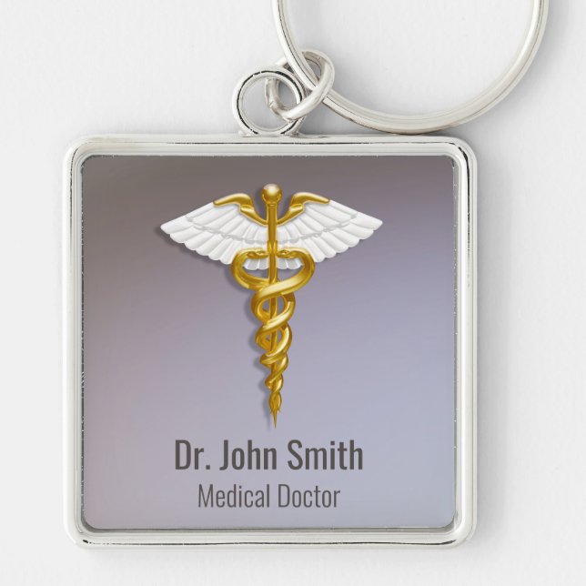 Medical Elegant Gold Caduceus White Wings Key Ring (Front)