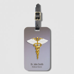 Medical Elegant Gold Caduceus White Wings Luggage Tag