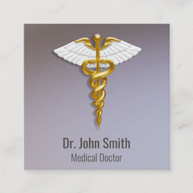 Medical Elegant Gold Caduceus White Wings Square Business Card (Front)