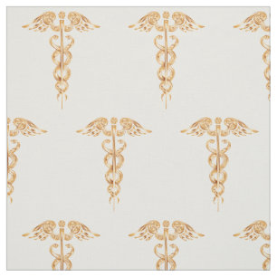 Medical Gold Caduceus Cotton Fabric