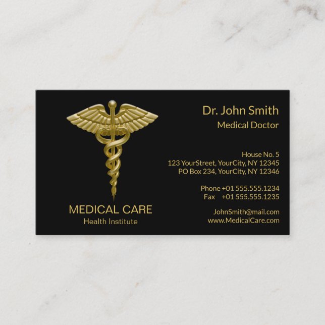 Medical Gold Caduceus on Black - Business Card (Front)