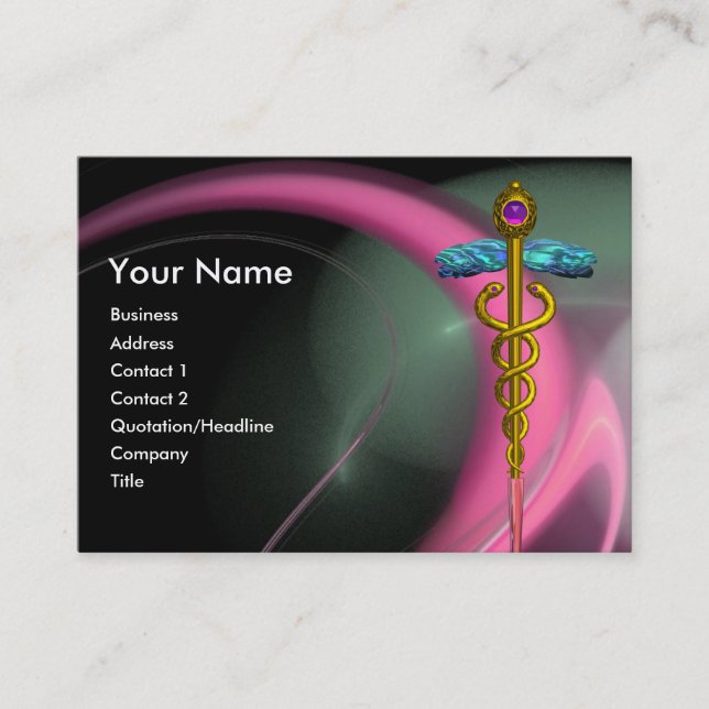 MEDICAL GOLD CADUCEUS,PINK GREEN FRACTAL SWIRLS BUSINESS CARD (Front)