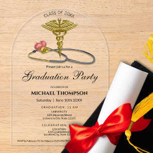 Medical Gold Caduceus Stethoscope Heart Graduation Acrylic Invitations