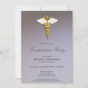Medical Gold Caduceus White Wings Graduation Invitation