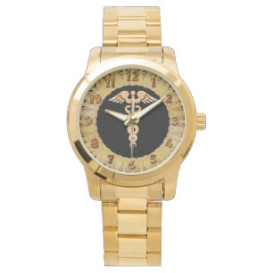 Medical gold shiny silhouette alert badge watch