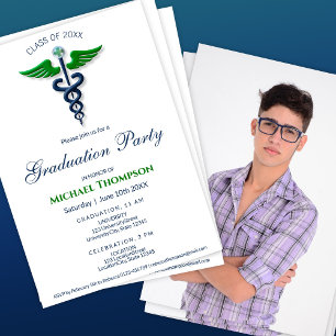 Medical Graduation Caduceus Blue Green   Photo Invitation