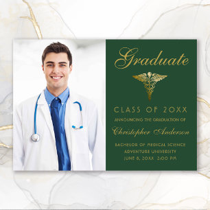 Medical Green Gold Caduceus Photo Graduation Announcement